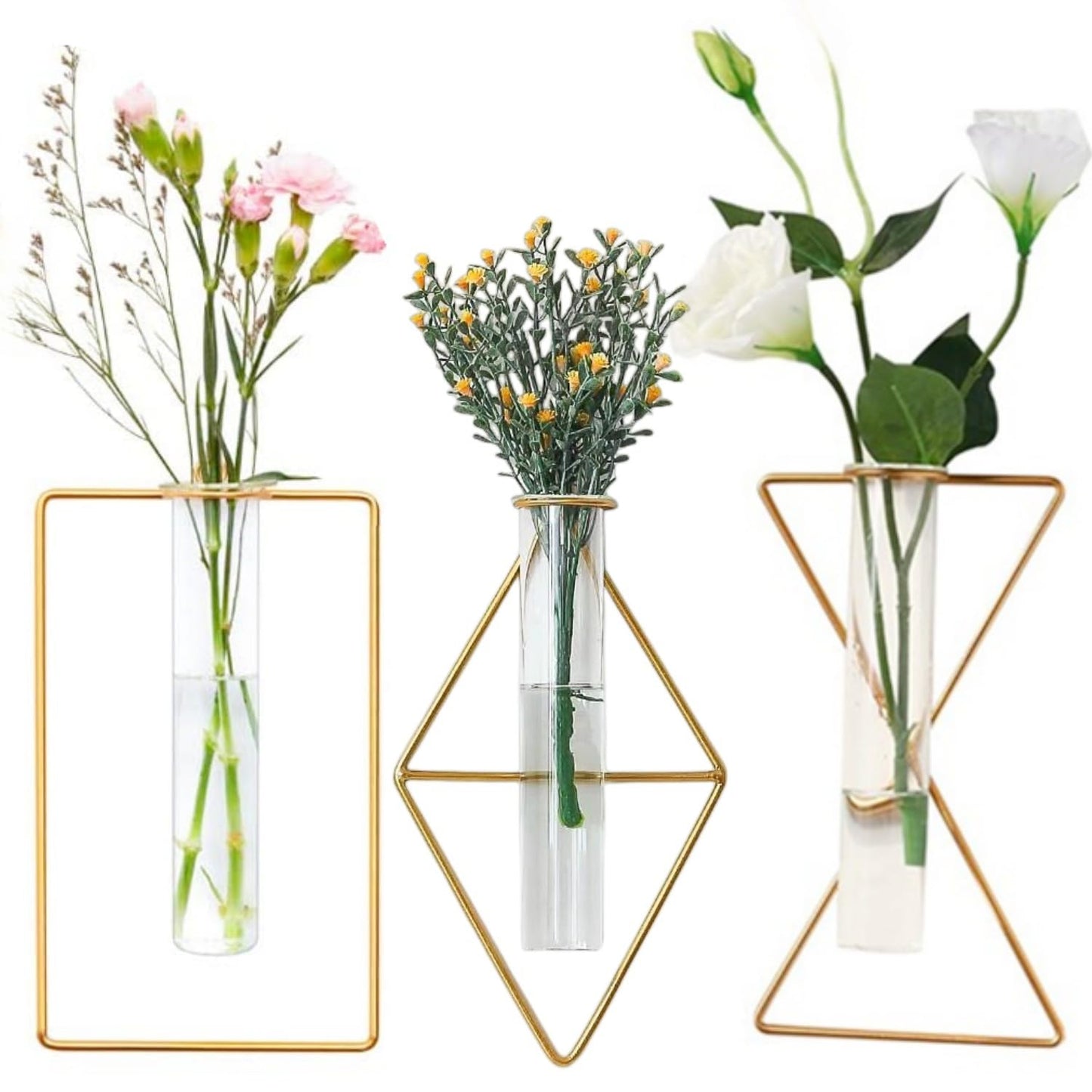 3 Pack Nordic Wall Vase,Gold Geometric Vase Hanging Hydroponic Planter,Wall-Mounted Metal Glass Tube Bud Vase Decorative for Centerpieces Wedding Home Decor(Gold 6)