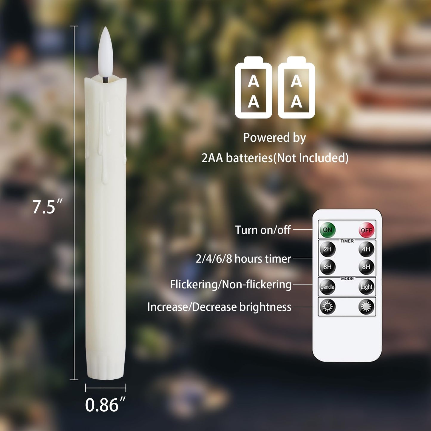 Mavandes Flameless Flickering Taper Candles Two Remote, 7.5 Inch Ivory Battery Operated LED Window Candles Timer,Set of 6 Plastic 3D-Wick Dripping-Wax Effect Flameless Candlesticks(0.86”Dia,Warm Fire)