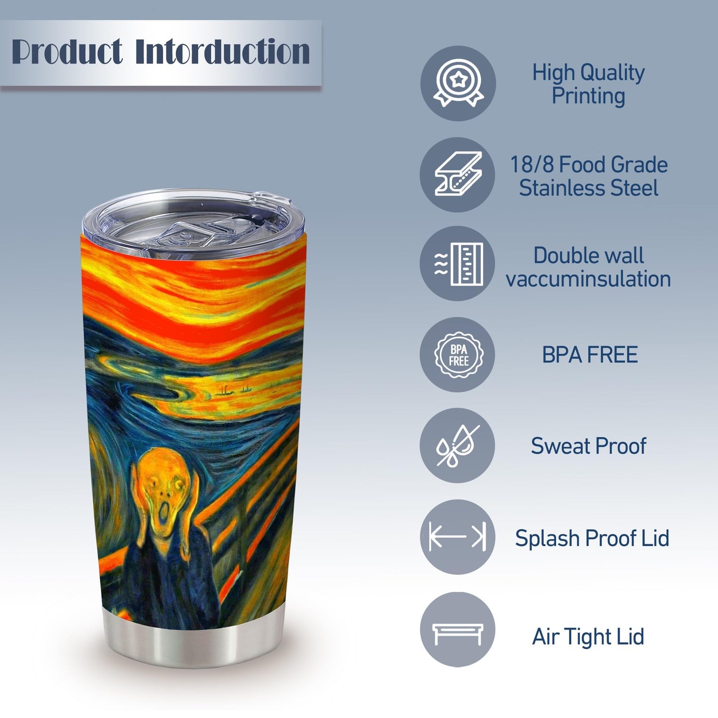 Famous Paintings The Scream Art Gift, 20 Oz Hallowmas Ghostface Insulated Stainless Steel Iced Coffee Tumbler with Lid,Funny Travel Coffee Mug Cup Water Bottle,Novelty Gift for Women Men Friend,1 Pcs