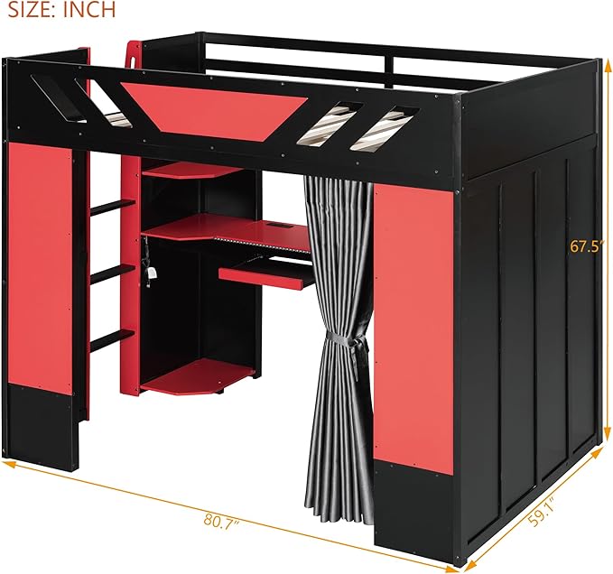 Full Size Wood Loft Bed with Built-in Workstation, Smart Storage, RGB Lighting