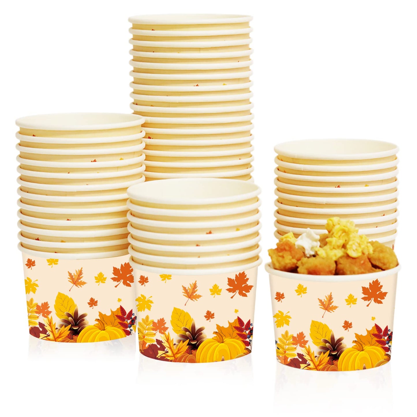 gisgfim 50Pcs Thanksgiving Snack Bowls, Fall Disposable 9 oz Paper Treat Cups Autumn Themed Dessert Bowls Soup Cups for Hot or Cold Food Party Supplies