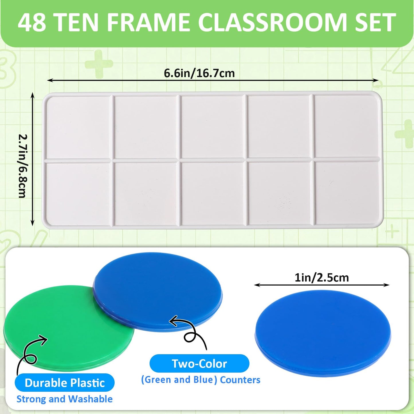 Soulchen 48 Sets Plastic Ten Frames for Classroom Math Manipulatives for Kids Classroom Math Counters Supplies Including 48 Plastic Ten Frames, 480 Counters for Teach Number Concepts (Blue, Green)