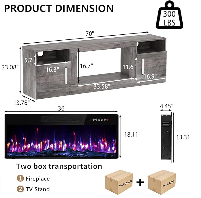 PRETZI Fireplace TV Stand with 36" Fireplace Up to 80" TVs, Remote Control