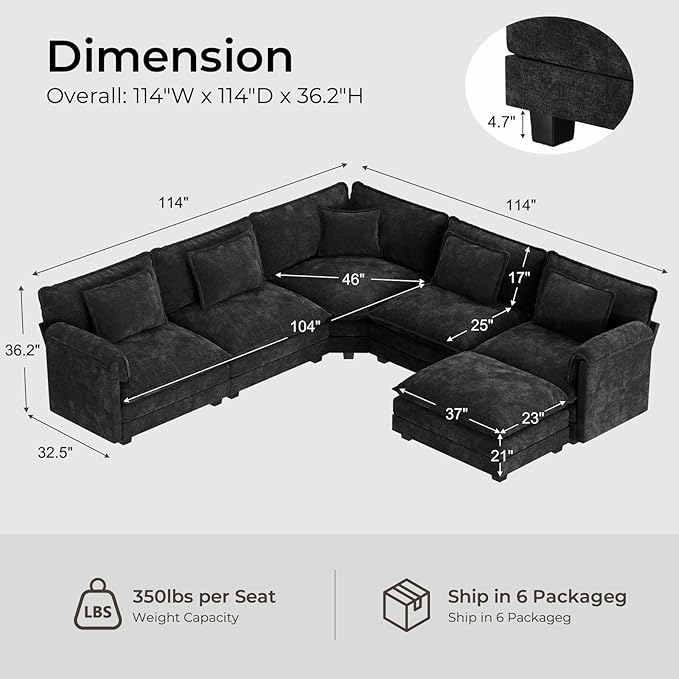 ELUCHANG 114" Oversized V-Shaped Cloud Couch Modular Sectional Sofa