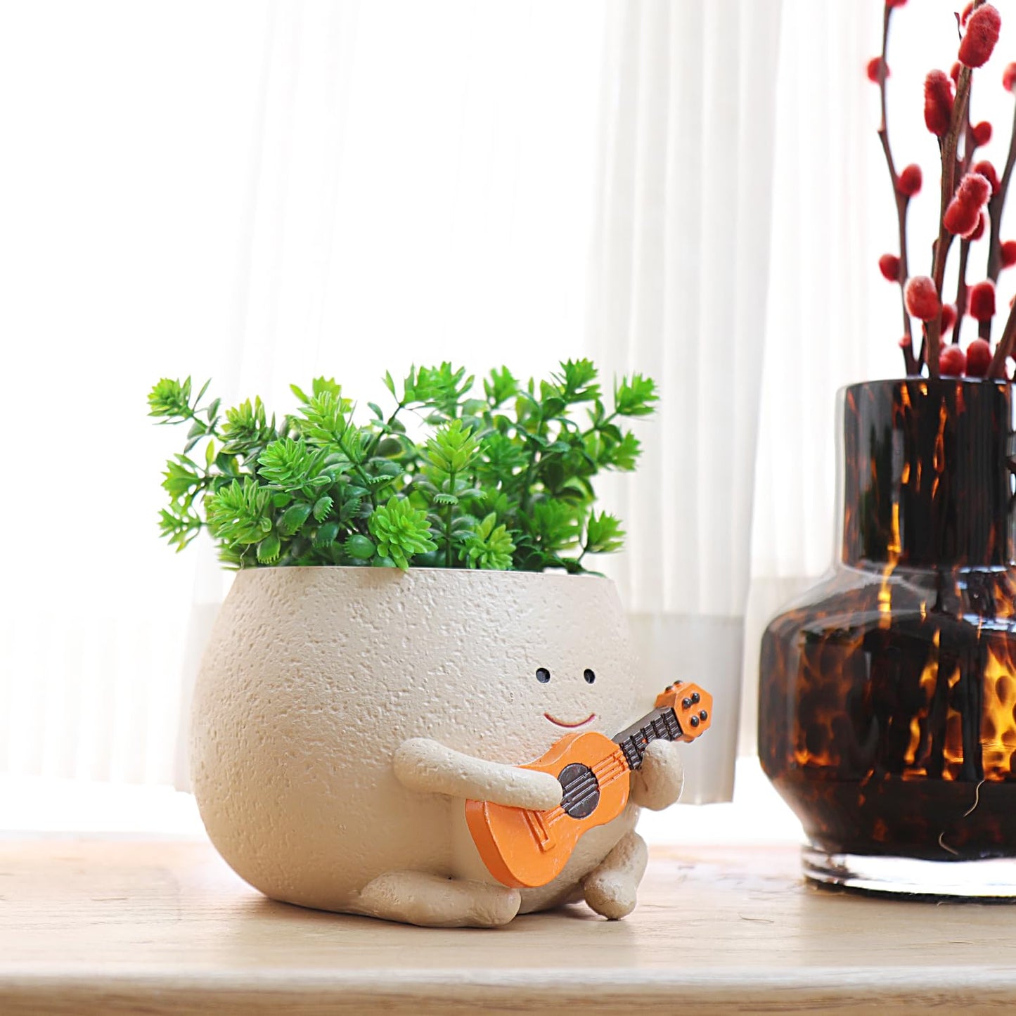 NINIPAPA Smiley Face Plant Pot Cute Guitar Planter with Drainage Holes Funny Small Flower Pots for Indoor Succulent, Unique Gifts for Plant Lover