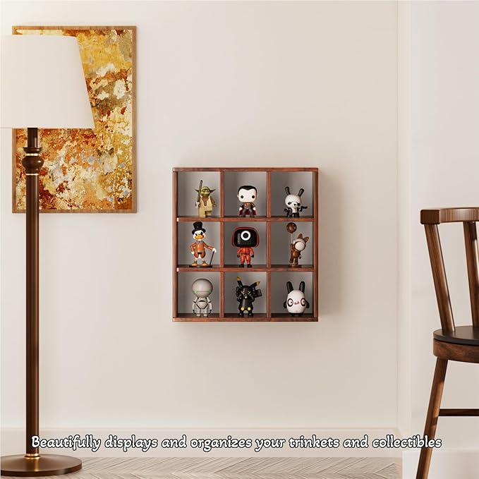 Helsin 9 Grid Vintage Coffee Mug Display Rack, 16inch Wall Mounted Wooden Curio