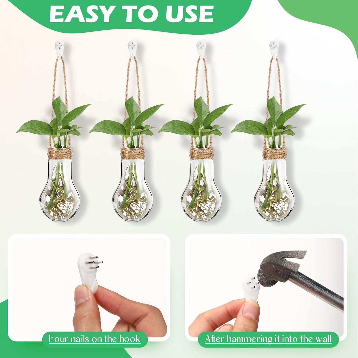 Baderke 6 Pack Hanging Propagation Station 3.9 Inch Plastic Plant Vases with Hooks & Cleaning Brush Clear Window Jars for Plant Clippings, Home Office Decor, Gardening Gifts for Women