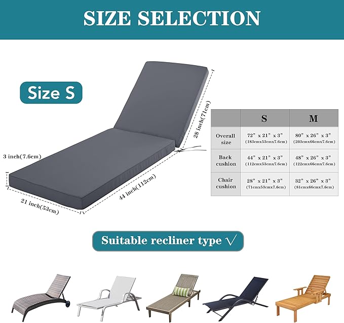 Outdoor Chaise Lounge Cushion Set of 2, Fadesafe Water-Repellent Lounge Deck