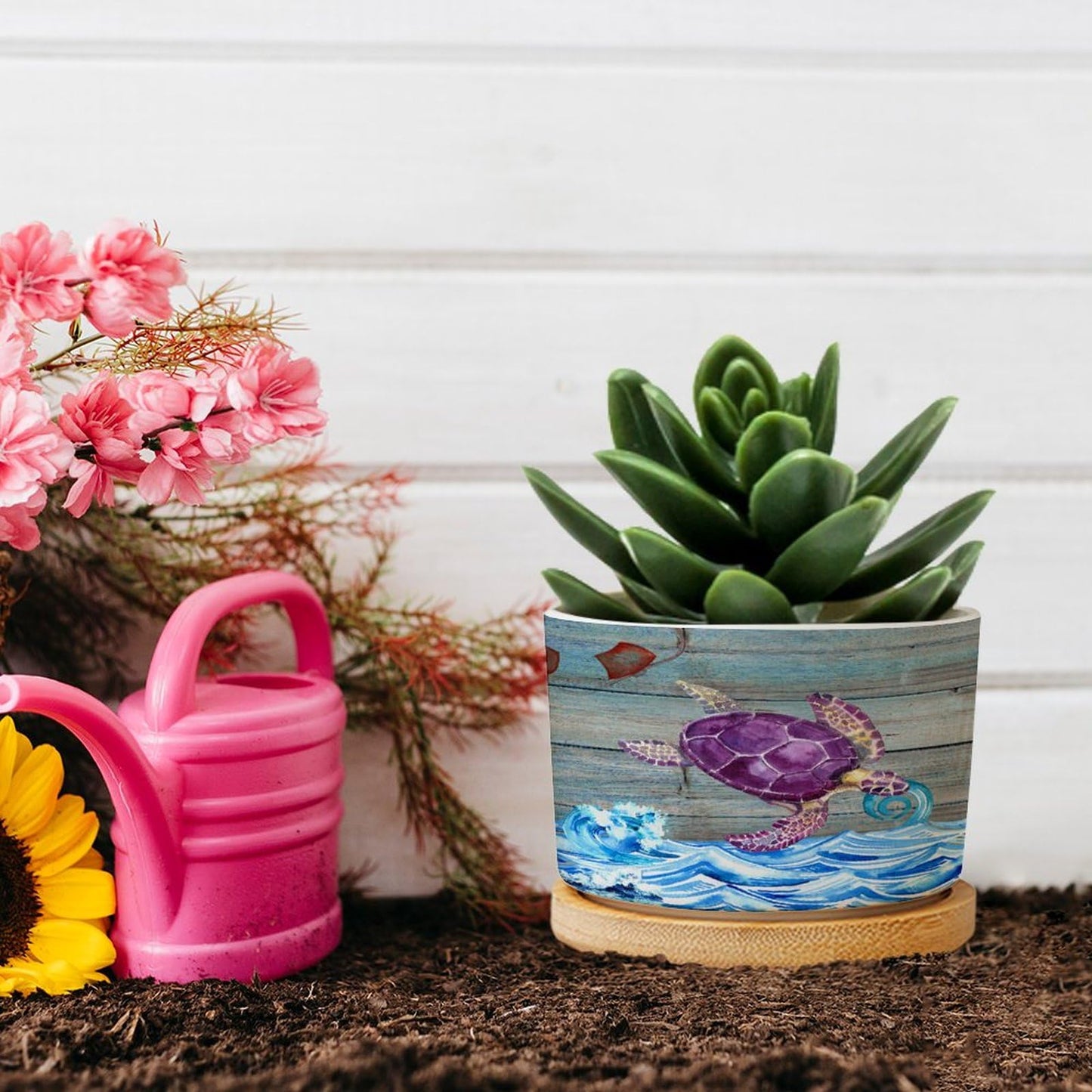 DreamAutumn Ocean Theme Sea Turtle Planter Ceramic Round Plant Pots with Drainage Holes and Bamboo Tray Planting Small Flower Pots for Home Windowsill Desk Garden Indoor Outdoor Use