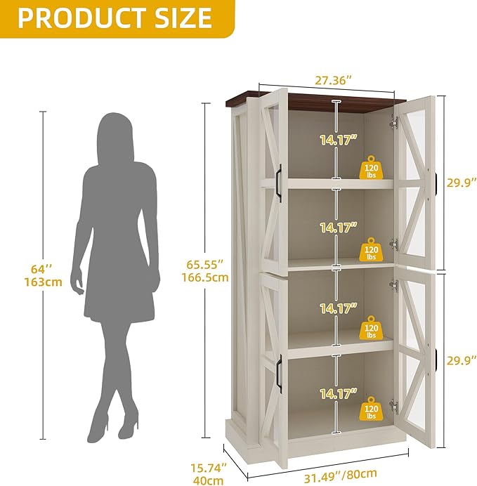 DWVO 66" Storage Cabinet, Tall Bookshelf Display Cabinet, 4 Shelves Curio