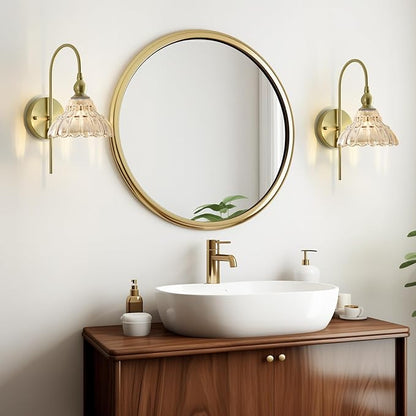 Vintage Wall Sconces with Amber Flower Glass Lampshade, Indoor Bath-Room Wall Sconce, Modern Gold Industrial Lighting Fixture for Mirror Living Room Hallway 1 Pack