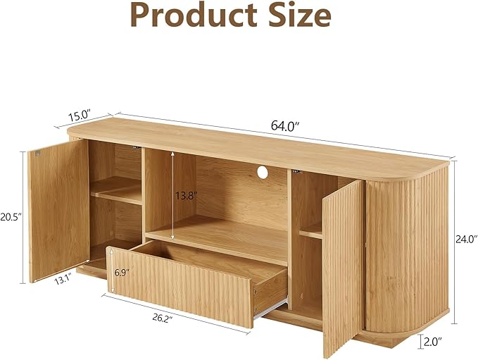 64" Fluted TV Stand for TVs up to 75 inch, Entertainment Center