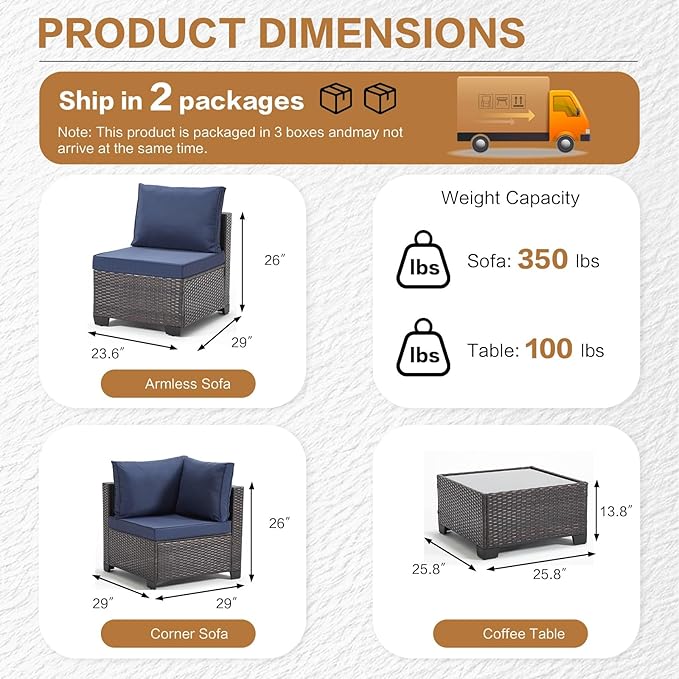 MOCHITO 5 Pieces Outdoor Patio Furniture Sets, All-Weather Sectional Sofa Dark