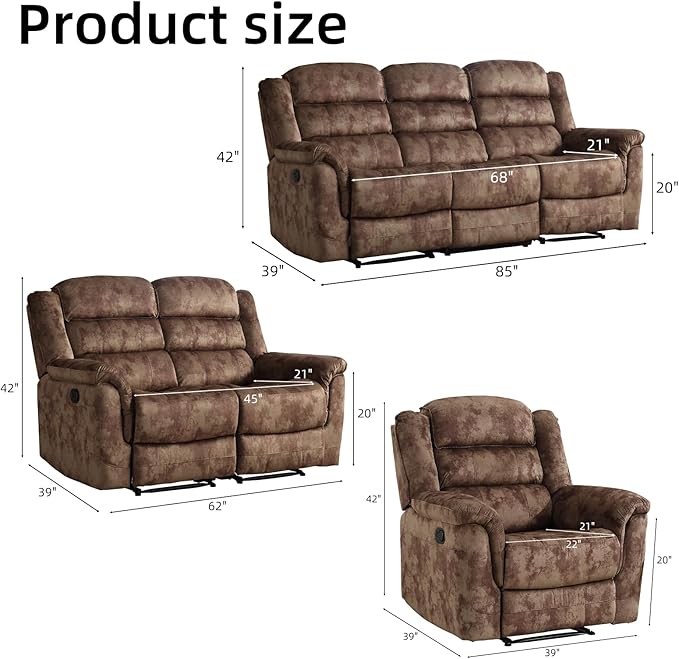 EBELLO 3 Pieces Reclining Living Room Set, Overstuffed Soft Fabric Manual
