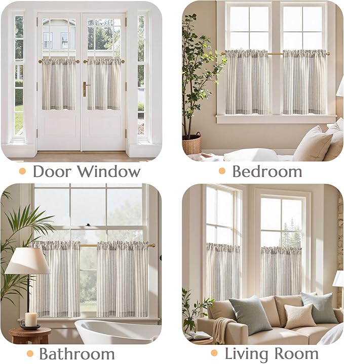 jinchan Striped Linen Kitchen Curtains 24 Inches Tier Curtains Farmhouse Modern Cafe Style Small Window Treatments Airy Light Filtering Rod Pocket for Living Room Bathroom 2 Panels Taupe Grey
