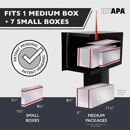 Ilyapa Modern Mailbox for Post Mount - Black with Gray Door Powder Coated Steel, Waterproof Letter Box for Parcels, with Recessed Magnetic Close Door