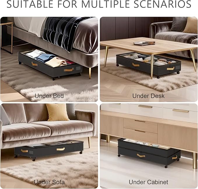 Under Bed Storage with Wheels 2-Pack, 75L XXL Under the Bed Storage Containers Large, 12" Tall Adjustable Storage for Underbed with Lids, Rolling for Clothes, Shoes, Blankets (4PCS-Black)