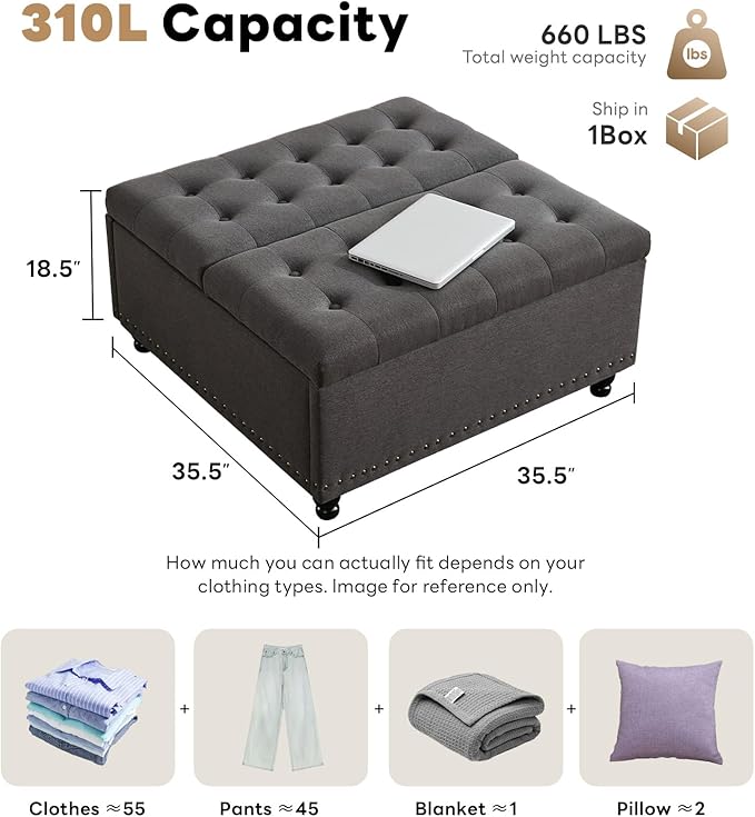 Tbfit Large Square Storage Ottoman Bench, Tufted Upholstered Coffee Table