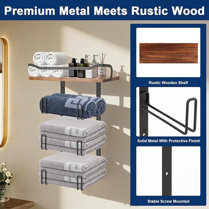 NearMoon Towel Rack with Wooden Shelf, All Metal Rustproof Towel Organizer Holder for Bathroom Storage, Wall Mounted (1 Pack, Matte Black)