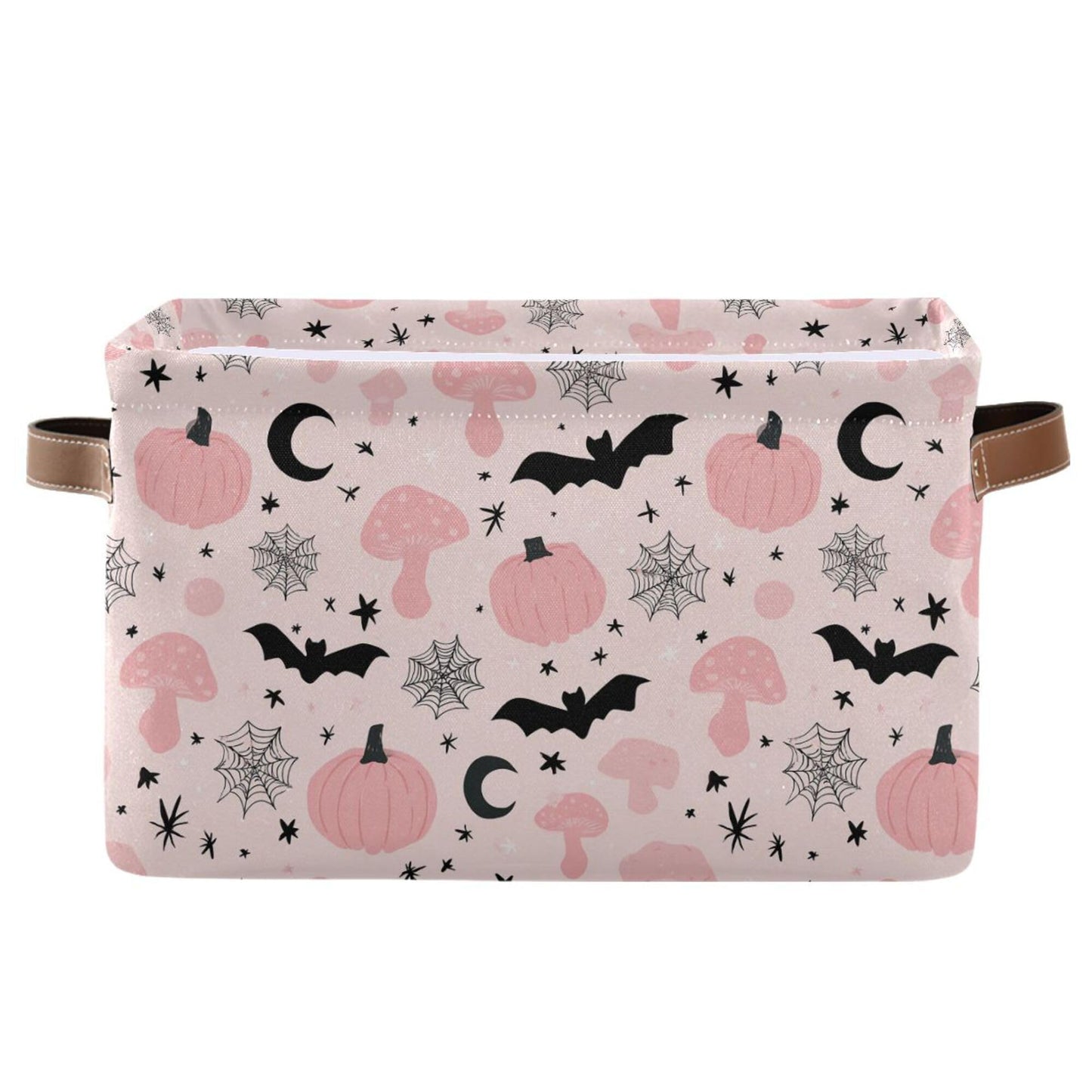 Happy Halloween Pink Storage Basket with Waterproof Liner and PU Handles Pumpkin Bat Moon Mushroom Storage Bins Boxes 14.2" Collapsible Decorative Organizer Baskets for Bedroom Closet Office 1 Pack