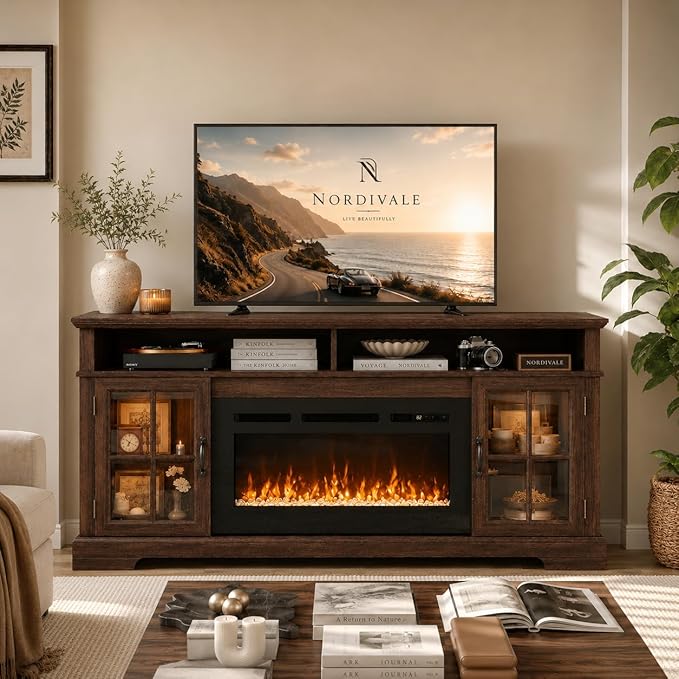 70" Fireplace TV Stand, Modern Entertainment Center