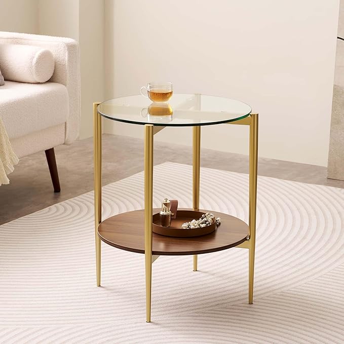 LumFurn Round Glass End Table, Mid-Century Modern Design Sofa Table