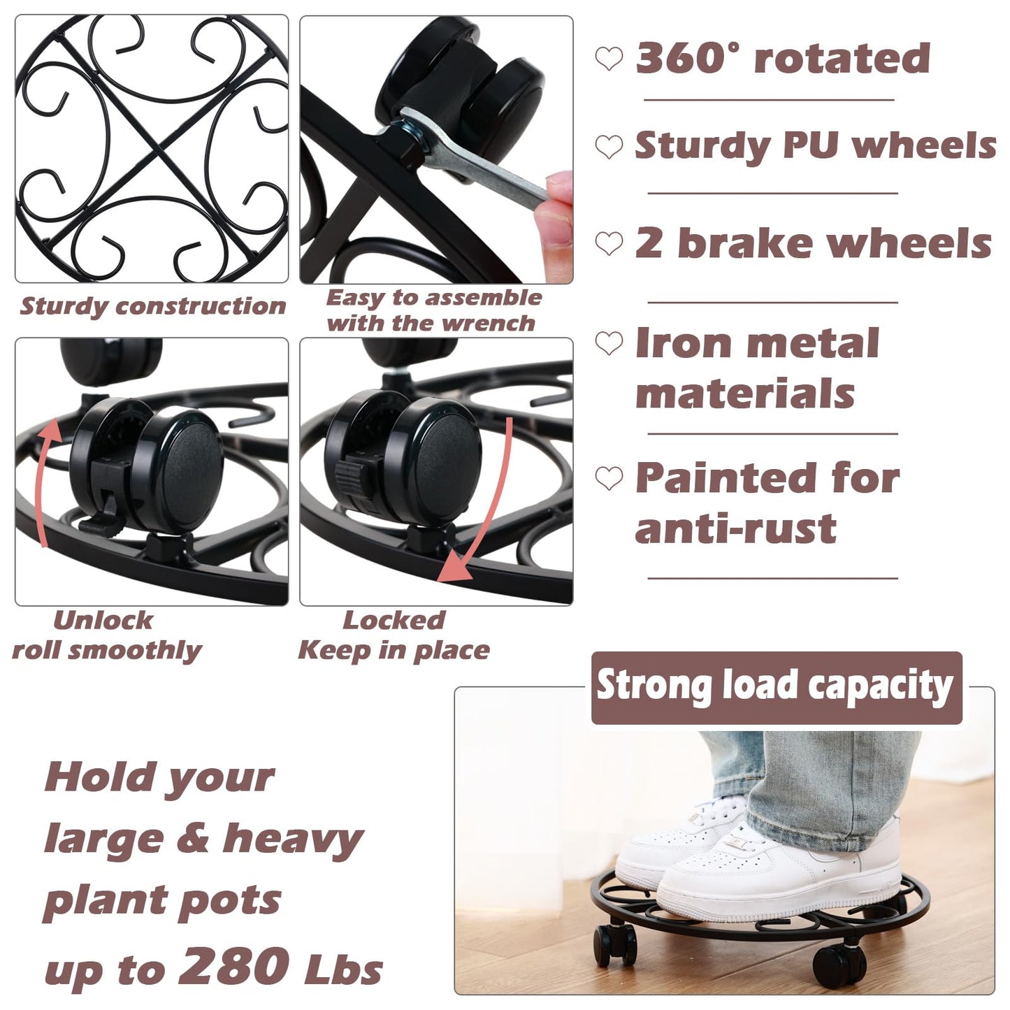 6-pack 15.8 inches Extra-large Metal Plant Caddy with Wheels Rolling Plant Stands Wheeled Plant Dolly Coasters Heavy-duty Pot Mover Roller Base Indoor Outdoor Garden Planter Trolley Cart, Black