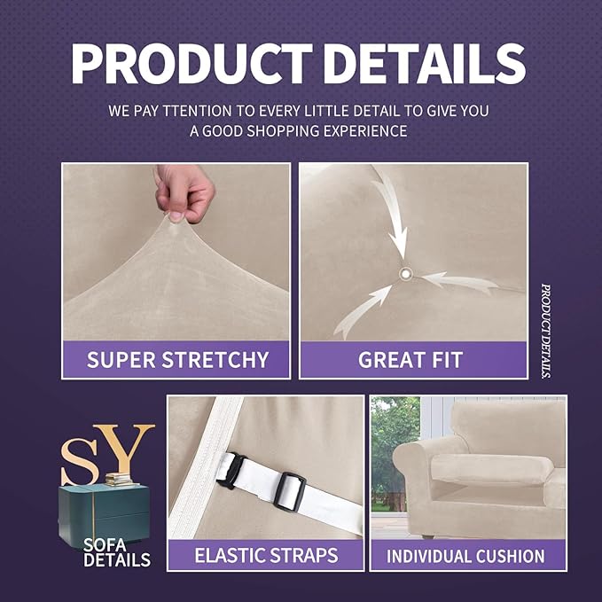 ZNSAYOTX Oversized Velvet Couch Cover 4 Piece Stretch Sofa Covers