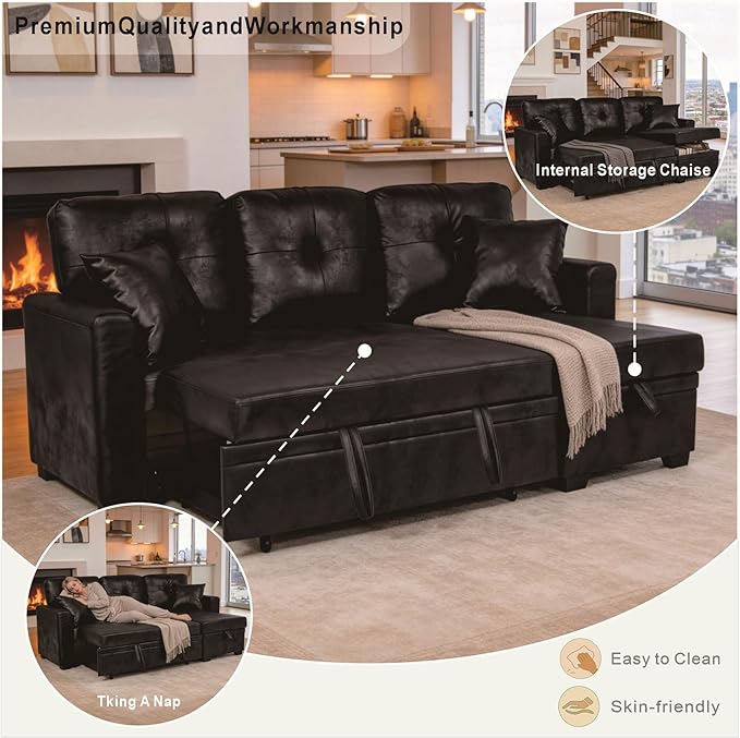 L Shaped Sectional Couch with Storage and Pull Out Bed, 3 Seater Sleeper Sofas