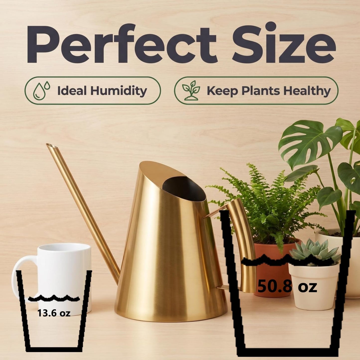 50.8 oz Watering Can Indoor Plants Stainless Steel Plant Waterer Watering Pot Sprinkle Pot Garden Flowers Plants Flower Tool Gold Watering Can with Long Spout (1500ml)