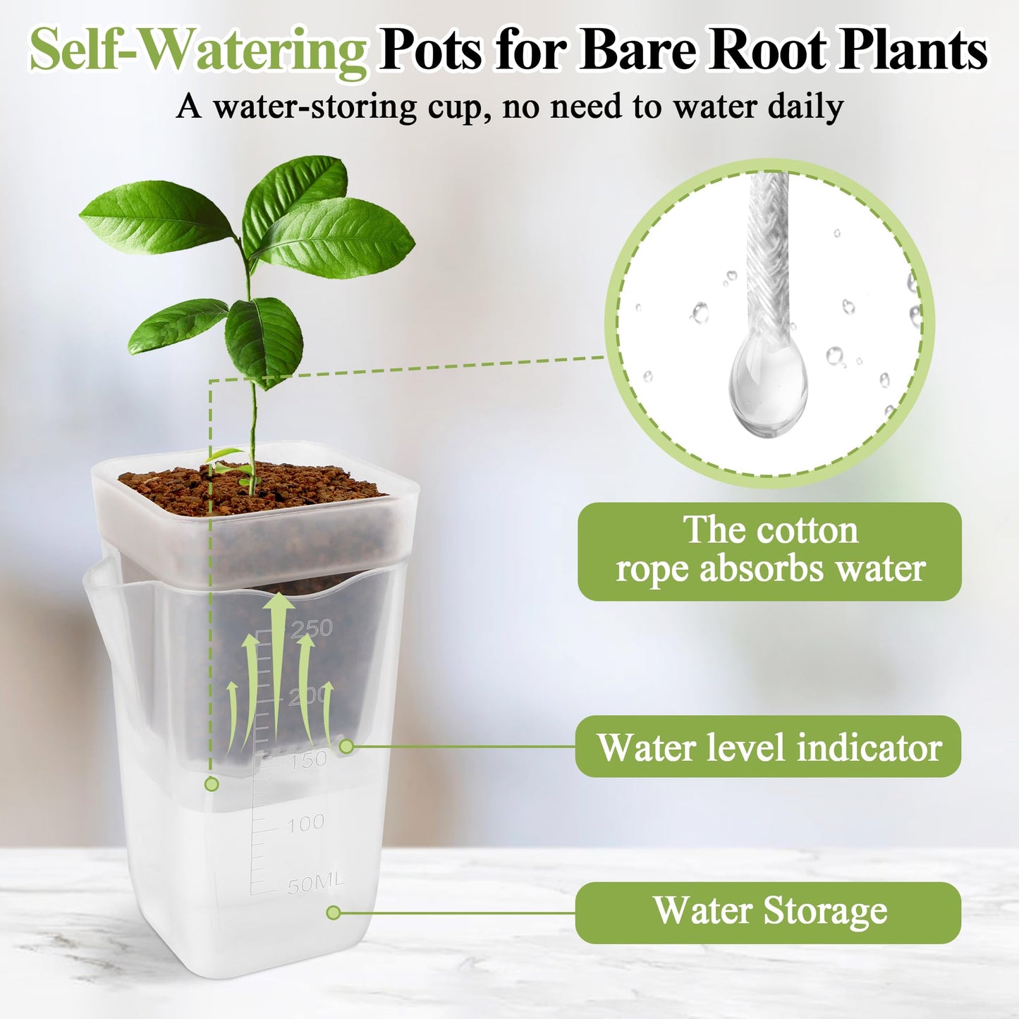 Anglekai 5P 2.5" Mini Self Watering Pots, Small Self Watering Plastic Planter for Indoor Plants for Bare Root Plants, with Inner Pot/ 3 Shovels/ 10 Labels (5)