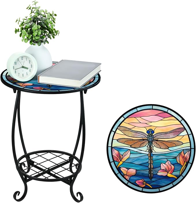 Cinnvoice Outdoor Side Table Round Small Mosaic Patio Accent Indoor End Plant