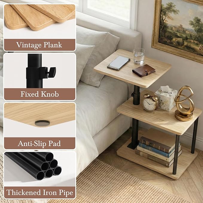 Faesun 360° Swivel Side Table for Height Adjustable, C Shaped End Table for