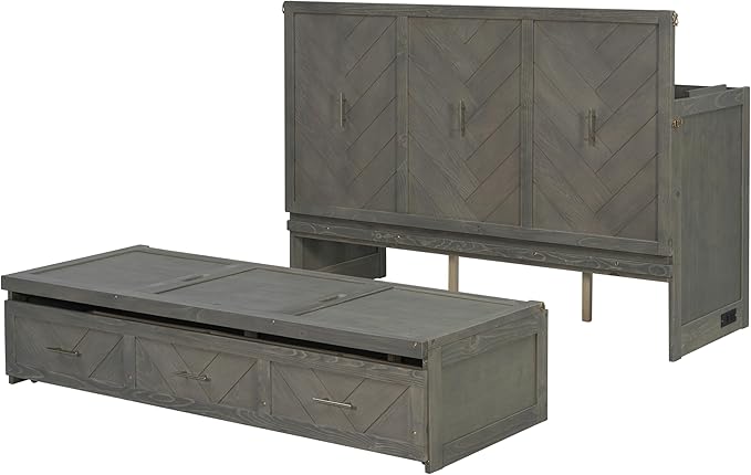 KEIKI Queen Murphy Bed Cabinet Charging Station & Geometrical Panel, Pine Wood