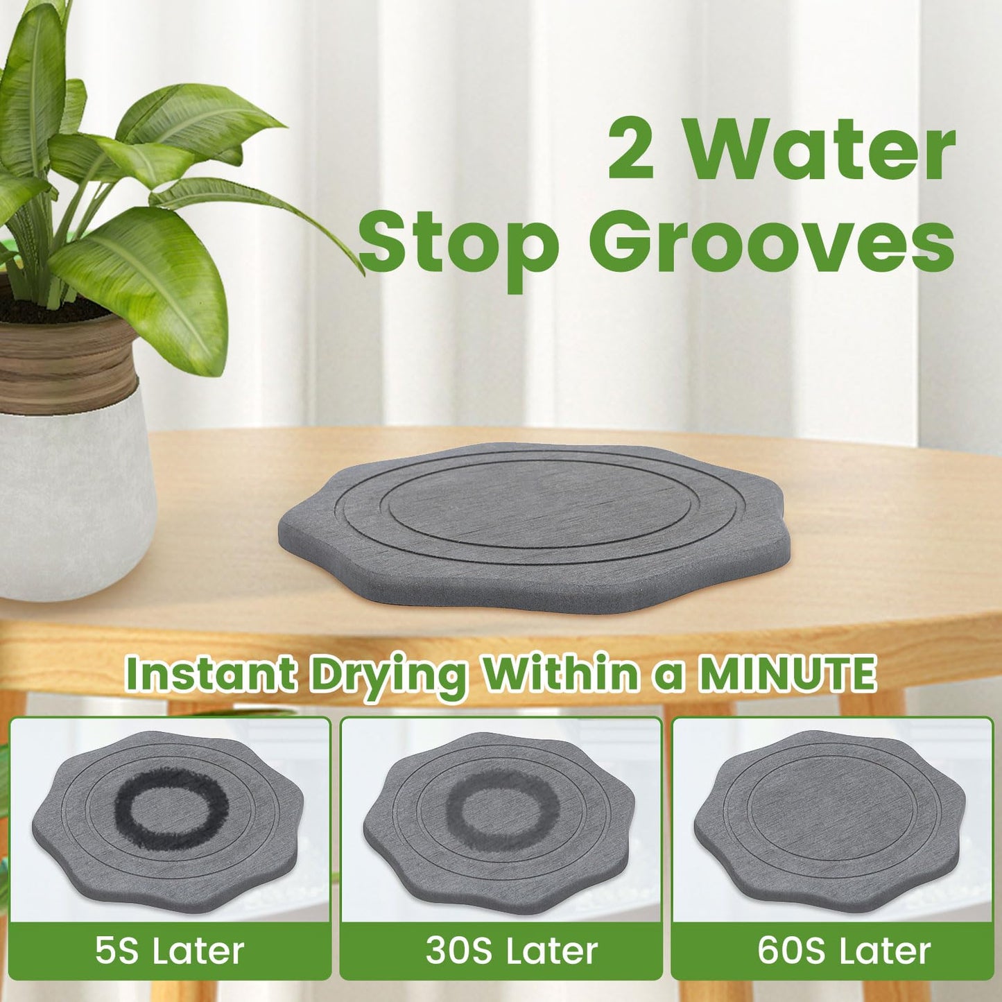 seaflash Plant Saucer for Indoors, 2 Packs 8 inch, Diatomaceous Earth Pot Saucers No Holes, Instant Dry Plant Drainage Trays for Pots, Dark Gray