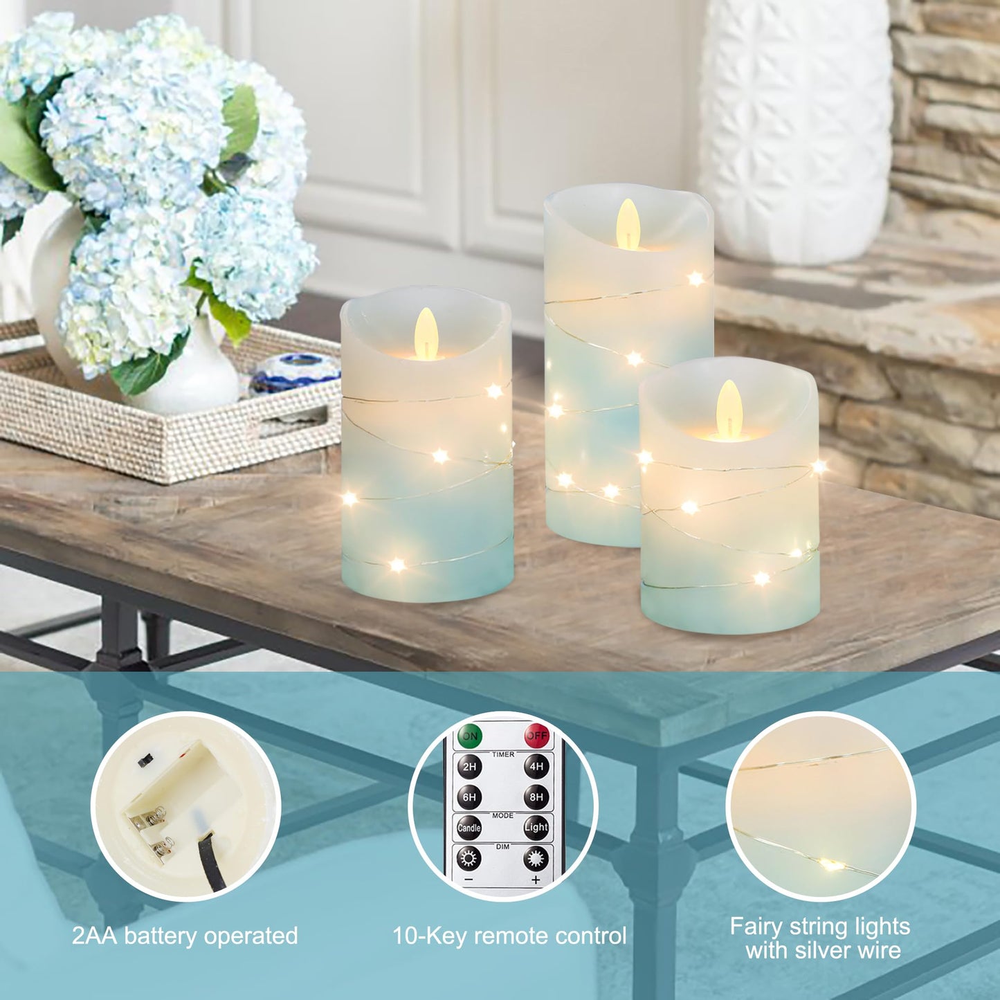 MELTONE Nautical Flameless Candles with String Lights Real Wax Ocean Blue Flickering Battery Operated Candles with Remote Control & Timer - Home Farmhouse Xmas Kitchen Dining Room Decor - Set of 3