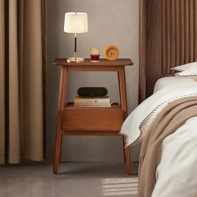 Fluted Nightstand with Drawer – Tall Solid Bamboo Bedside Table with Open Shelf