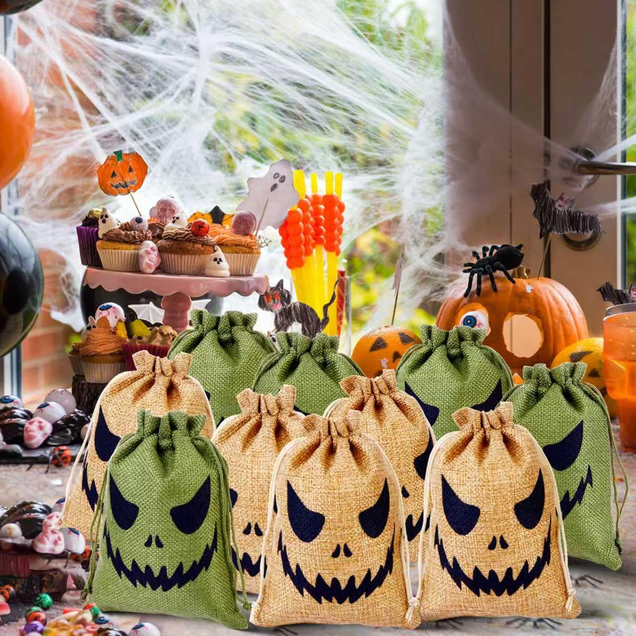 NFAMRZCAR 48 Pcs Halloween Burlap Treat Bags Gift Bags 5"x7" Drawstring Oogie Halloween Trick or Treat Burlap Bag Candy Bags for Party Favors Supplies (Colorful, 2 STYLE 48PC)