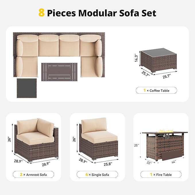 Aoxun Patio Furniture Set with Fire Pit Table, 8 Piece Outdoor Sectional Sofas