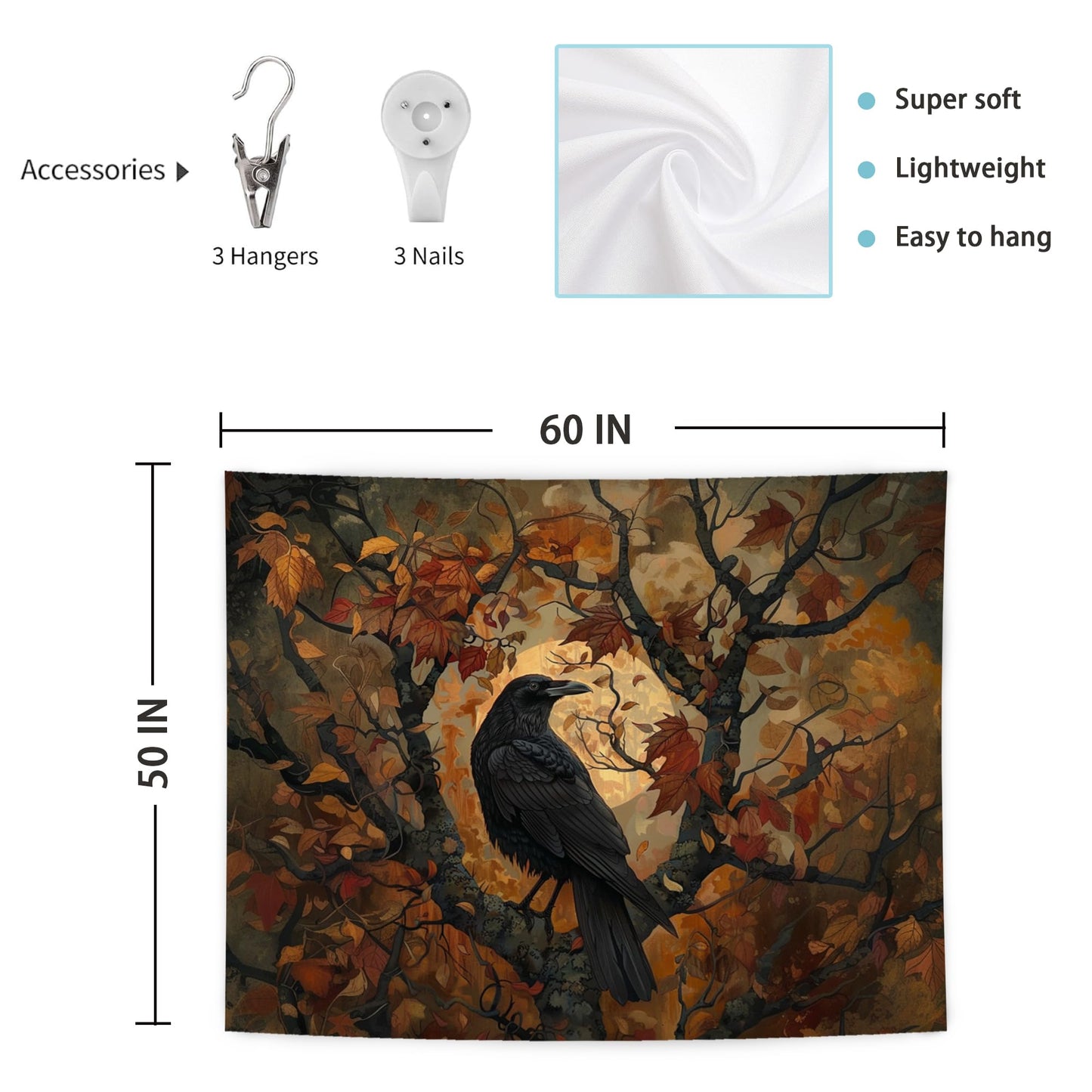 LUVADIAN Halloween Gothic Tapestry, Halloween Black Raven Tapestry Wall Hanging, Dark Academia Halloween Black Crow Wall Art Blanket for Home Bedroom Living Room Office Decor, 50x60 Inch