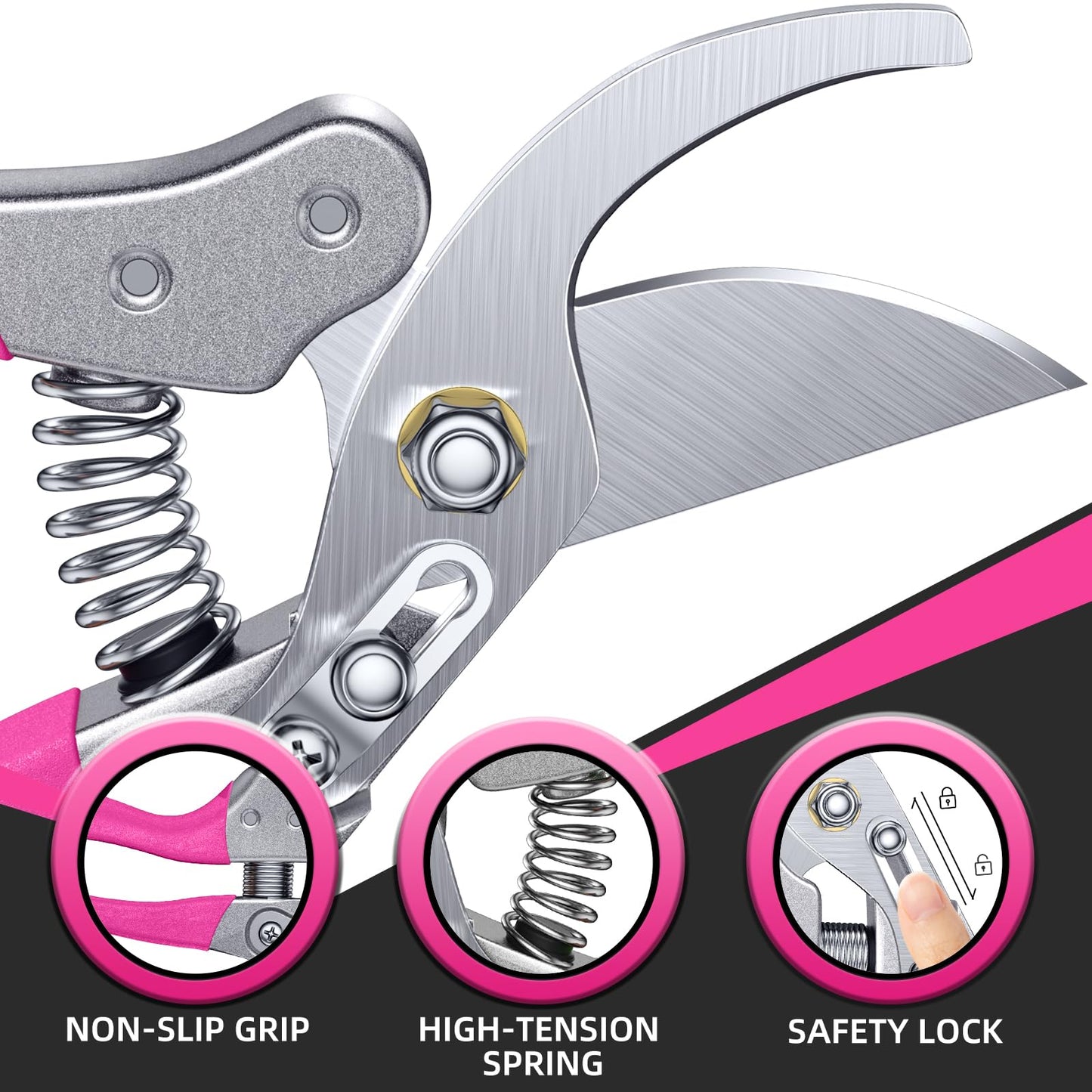 DECERK® 8.5" Bypass Pruning Shears for Women – Lightweight Garden Scissors, Ultra Sharp SK5 Blade, Ergonomic Handle Reduces Hand Fatigue, Ideal Pruners for Arthritic Hands, Pink Tools Gift for Mom