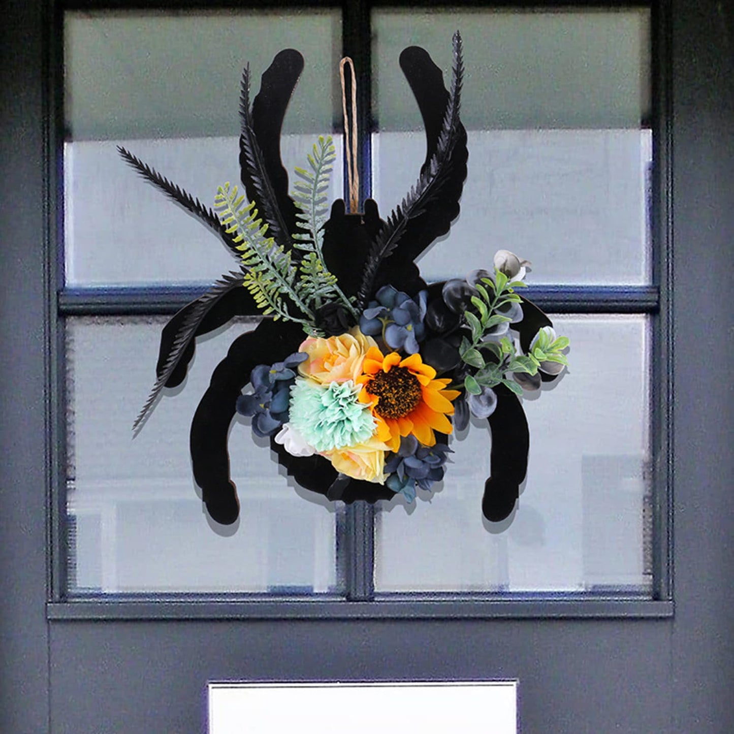 Halloween Spider Wreath with Sunflowers and Black Feathers, Wooden Pendant for Front Door Decoration Fall Halloween Party Decor Supply