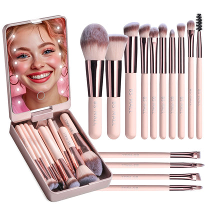 BS-MALL Travel Makeup Brush Set Foundation Powder Concealers Eye Shadows Makeup Set with LED light Mirror 14 Pcs (Green)