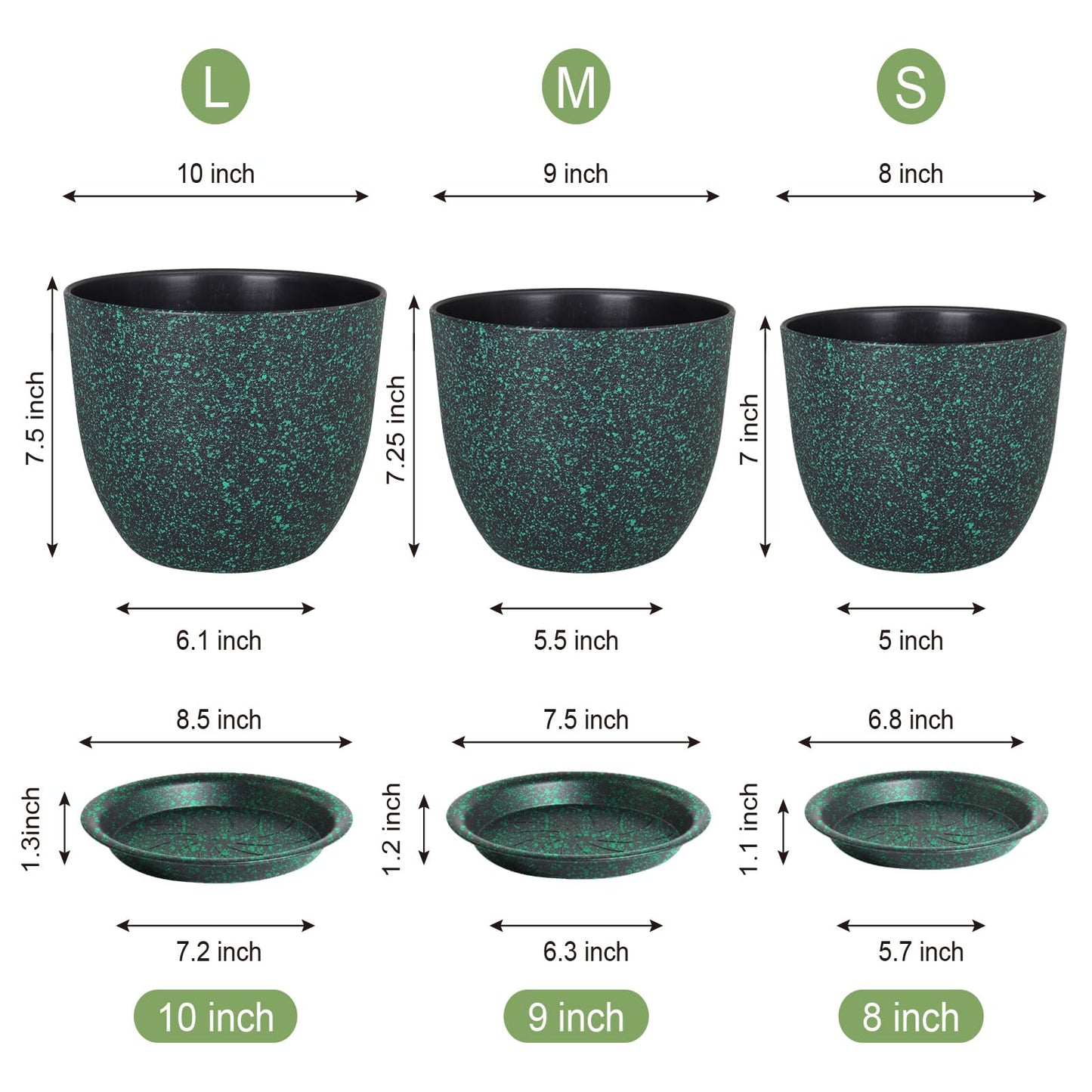 WSMKSZ Plant Pots 10/9/8 inch, Set of 3 Modern Decorative Plastic Planters with Drainage Holes and Saucers for Garden House Plants, Flower Pots for Indoor Outdoor Plants, Black with Green Speckles