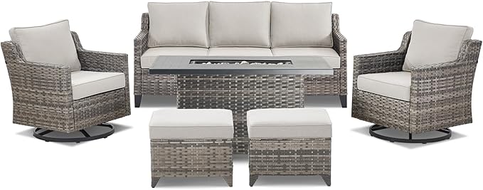 Patio Furniture Set with 42.5" Fire Pit Table-6 Pieces All Weather Wicker
