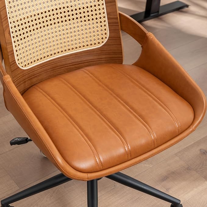 Home Office Desk Chair with Ergonomic Rattan Backrest, Walnut Crafts, Curved