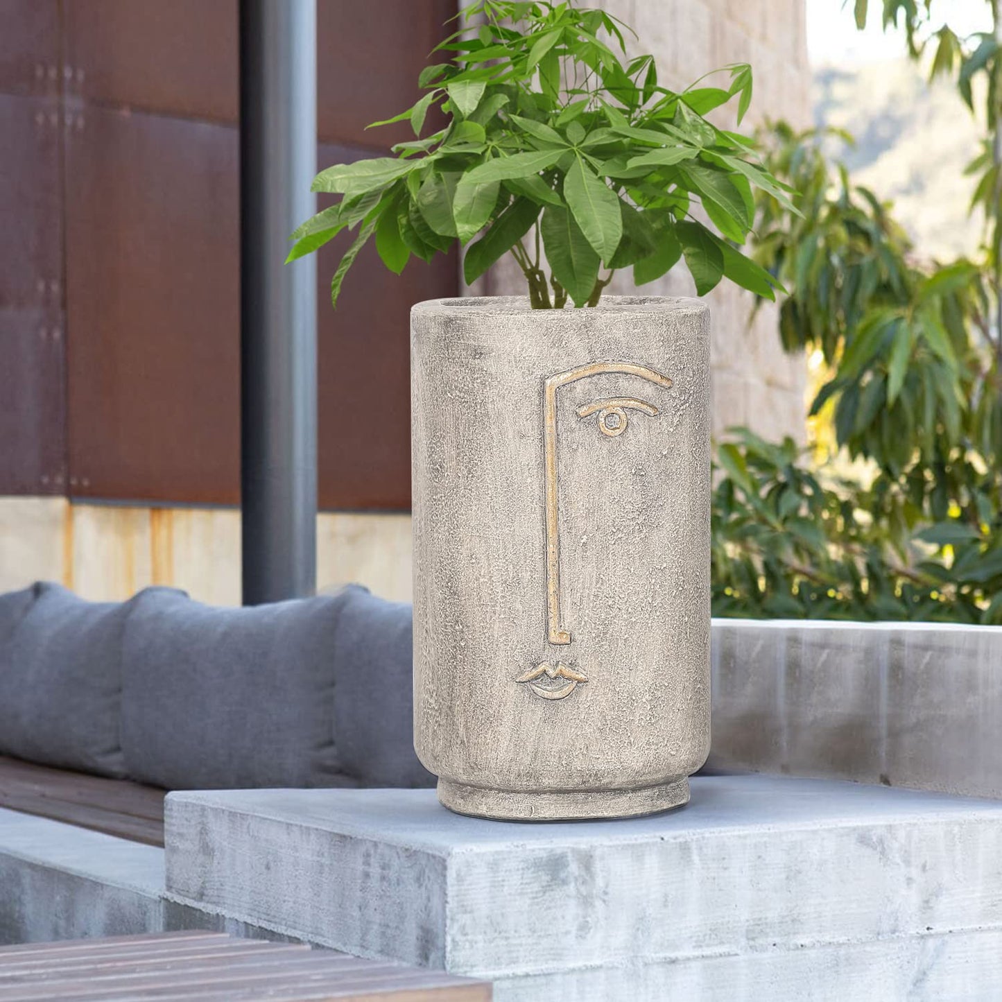 Asense Flower Pots Planters for Outdoor Indoor Garden, Smile Face Head Planter Plant Succulent Pots with Drainage Hole, Faux Concrete, Natural…