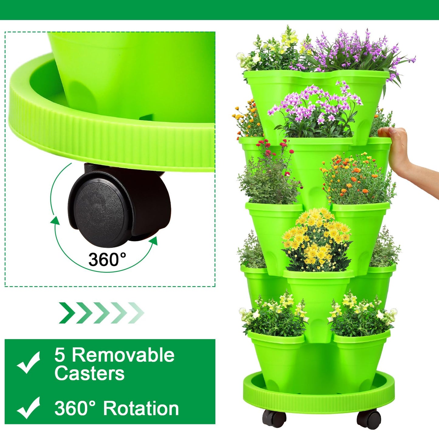 Umigy 2 Set 5 Tier Stackable Planters Vertical Garden Planters for Strawberry Herb Flower and Vegetable Indoor Outdoor Gardening Pots with Removable Wheels and Bottom(Green)