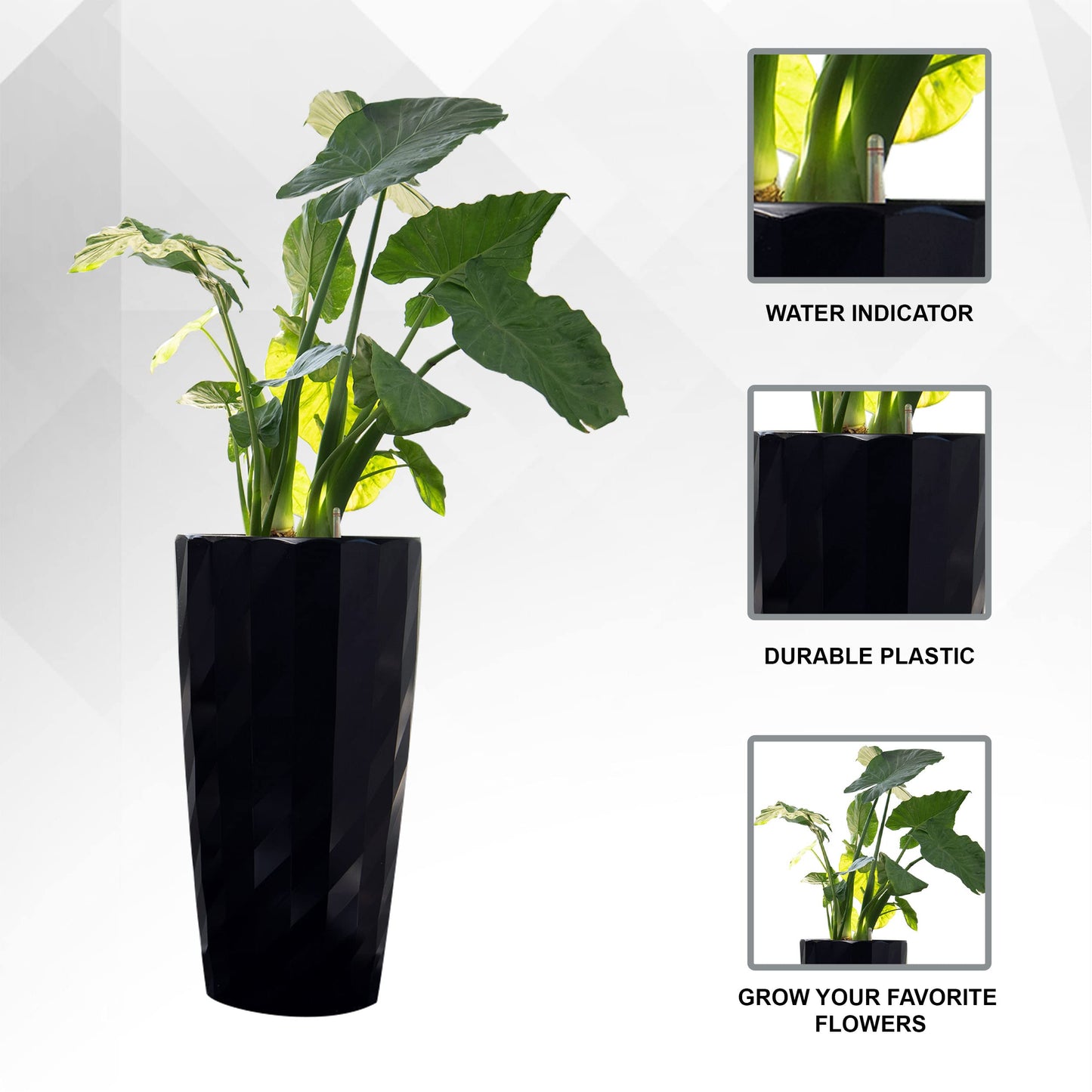 XBrand 30" H Black Plastic Self Watering Indoor Outdoor Diamond Look Round Planter Pot, Tall Decorative Gardening Pot, Home Décor Accent
