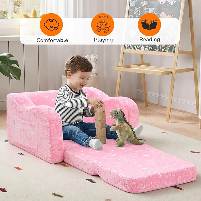 MeMoreCool Glowing Unicorn Kids Chair, 2-in-1 Glow in the Dark Kids Couch Fold